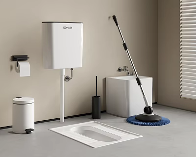 Modern Toilet with Water Tank Toilet Brush Trash Bin Mop and Blinds in Bathroom 3d model