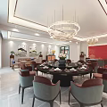 Elegant Modern Private Dining Room Interior With Dining Table Chairs Chandeliers Red Accent Wall 3d model