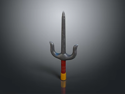 Trident Weapon With Three Sharp Prongs Tip Red Yellow Handle Metallic Finish 3d model