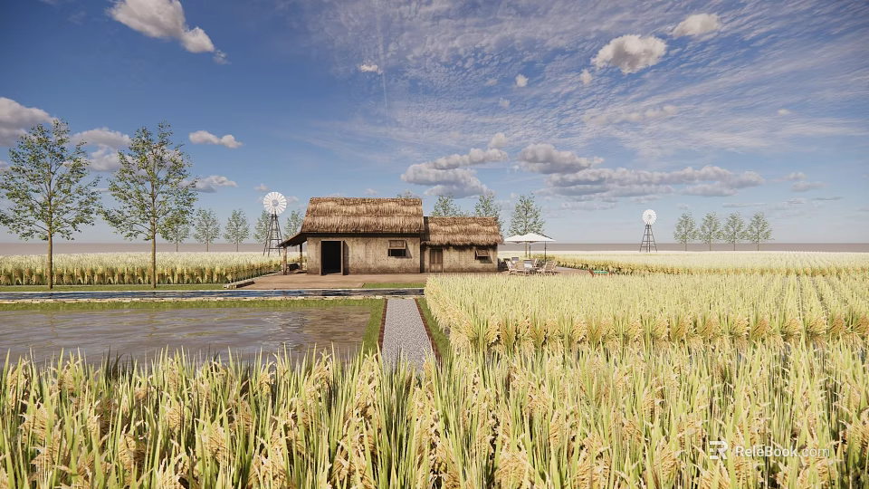 Rural Landscape With Thatched Roof Cottages Rice Fields Blue Sky And Trees 3d model 