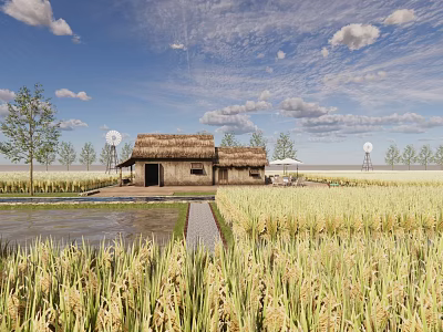 Rural Landscape With Thatched Roof Cottages Rice Fields Blue Sky And Trees 3d model
