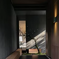 Contemporary Entryway Hallway Design With Gray Walls Decorative Branch Light Shadow Effects And Wooden Accents
