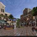 Vibrant Commercial Street with Palm Trees Outdoor Seating Umbrellas Lights and Brick-paved Square