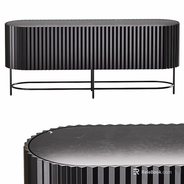 Modern Black Round Coffee Table With Vertical Stripes And Metal Base 3d model