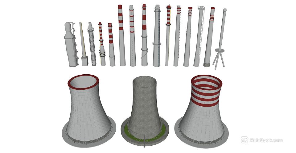 Various Sized Industrial Pipes Featuring Red White Stripes And Cooling Tower Designs 3d model 