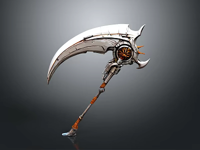 Intricate Metallic Scythe Weapon Design With Decorative Gear And Orange Handle 3d model