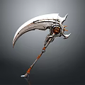 Intricate Metallic Scythe Weapon Design With Decorative Gear And Orange Handle