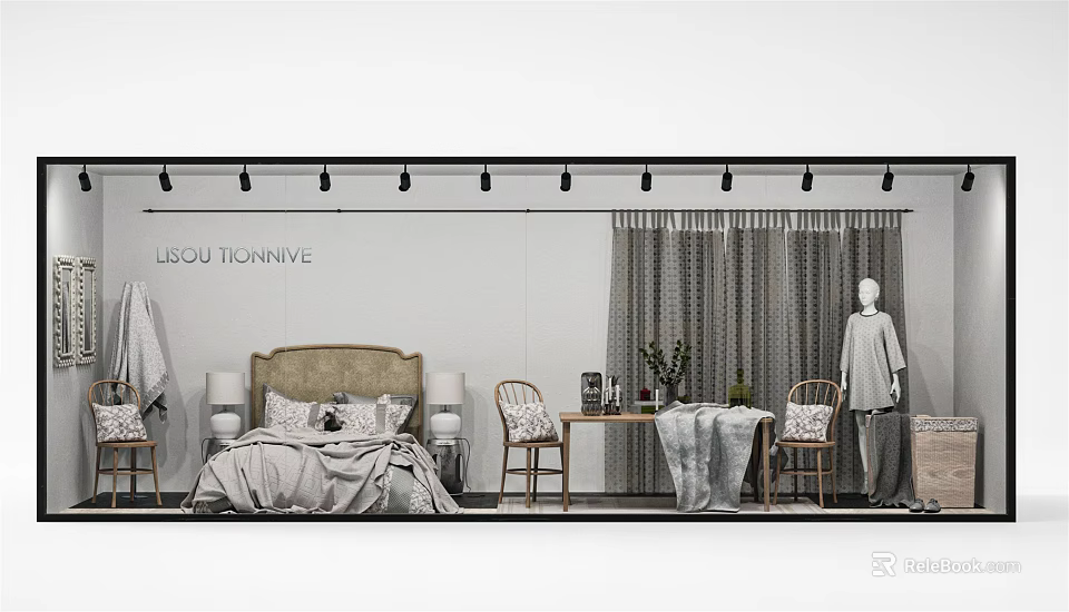 LIGOU TIONIVE Window Display With Bed Bedside Tables Chairs Table Mannequin And Curtains 3d model 