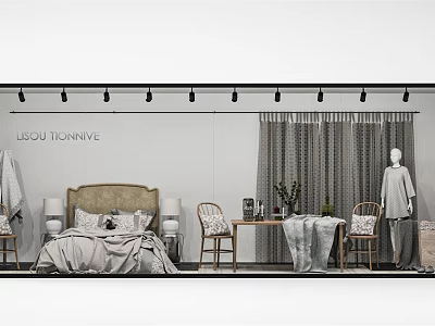 LIGOU TIONIVE Window Display With Bed Bedside Tables Chairs Table Mannequin And Curtains 3d model