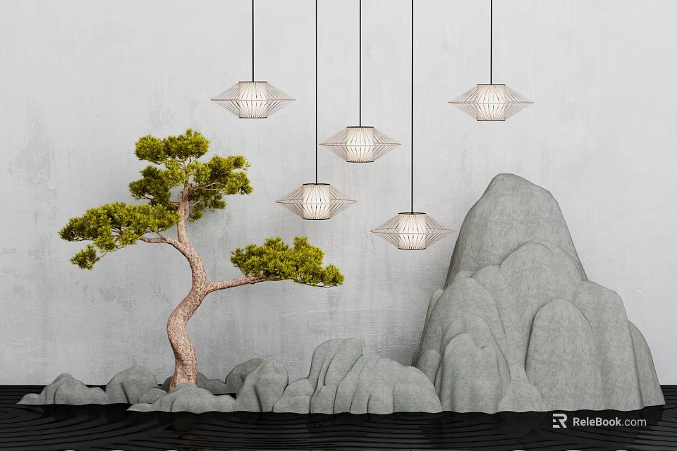 Courtyard Garden With Pine Tree Hanging Lanterns And Gray Rock Formations 3d model