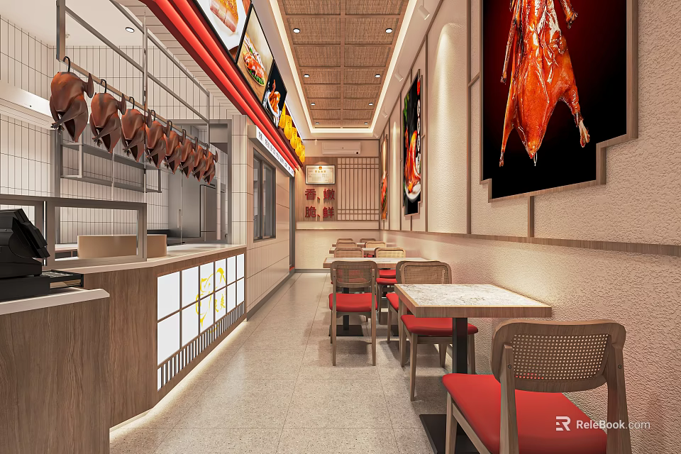 Roast Duck Restaurant Interior With Open Kitchen Tables Red Seats And Wall Posters 3d model 