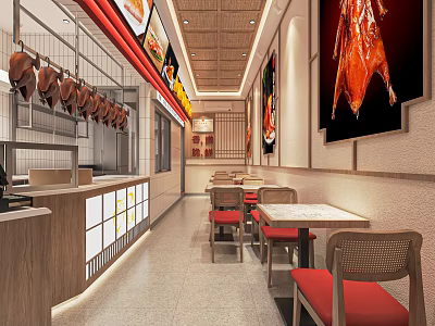 Roast Duck Restaurant Interior With Open Kitchen Tables Red Seats And Wall Posters 3d model
