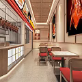 Roast Duck Restaurant Interior With Open Kitchen Tables Red Seats And Wall Posters