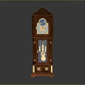 Antique Wooden Grandfather Clock With Carved Details Blue Gold Dial And Pendulum