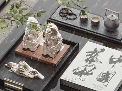 Chinese Style Decorative Ornament Set With Lion Figurines Wave Ornament Tea Trays And Calligraphy Book 3d model