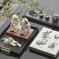 Chinese Style Decorative Ornament Set With Lion Figurines Wave Ornament Tea Trays And Calligraphy Book