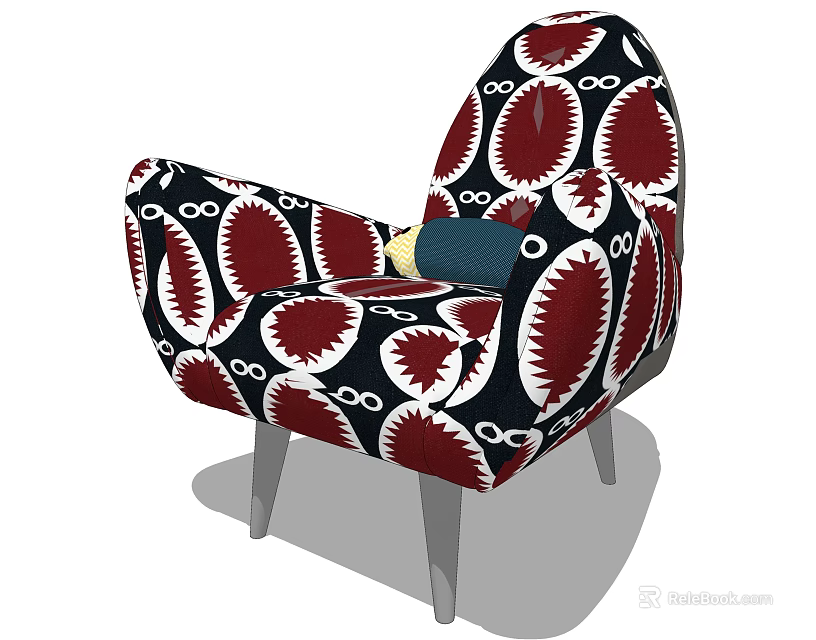 Stylish Accent Chair With Black Red White Abstract Pattern Fabric And Metallic Legs 3d model 