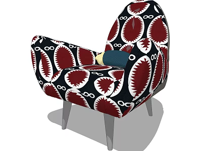 Stylish Accent Chair With Black Red White Abstract Pattern Fabric And Metallic Legs 3d model
