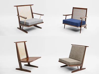 Wooden Frame Leisure Chairs With Armrests And Gray Blue Beige Cushions In Simple Design 3d model
