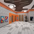 Casual Dining Space With Wavy Wooden Ceiling Orange Pillars Gray Walls And Movie Viewing Area