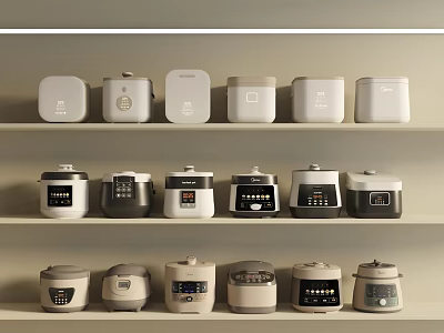 Modern Kitchen Appliances Displayed on Shelves with Various Designs and Styles 3d model
