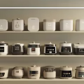 Modern Kitchen Appliances Displayed on Shelves with Various Designs and Styles 3d model