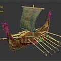 Ancient Wooden Boat with Dragon Head Prow Brown Sail and Rowing Oars on Reflective Surface