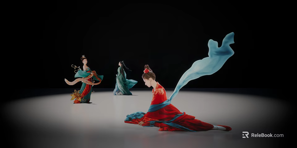 Group of People in Traditional Costumes Performing Elegant Dance With Flowing Ribbons 3d model 