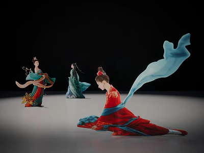 Group of People in Traditional Costumes Performing Elegant Dance With Flowing Ribbons 3d model