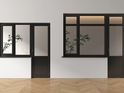 Black Modern Windows with Glass Panels Green Plants on Windowsill White Wall Wooden Floor 3d model