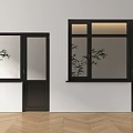Black Modern Windows with Glass Panels Green Plants on Windowsill White Wall Wooden Floor