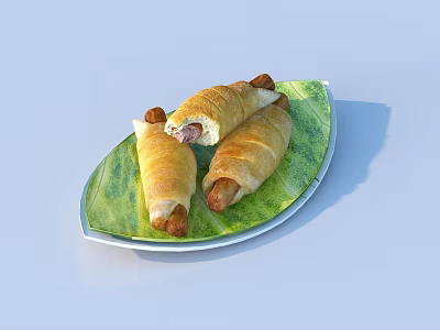 Delicious Stuffed Croissant Rolls on Green Leaf Shaped Plate with Savory Filling 3d model