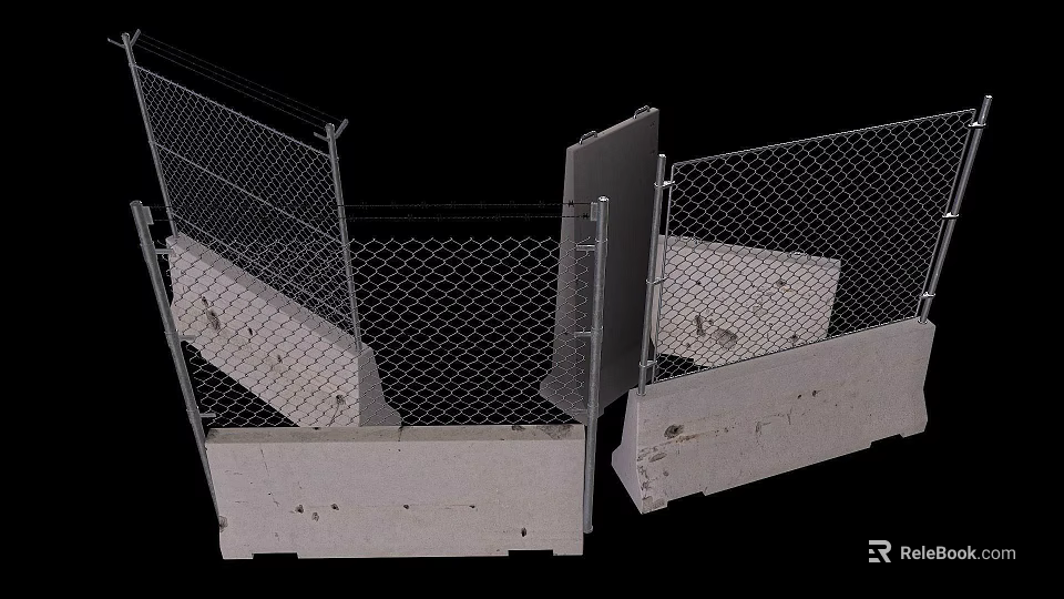 Metal Mesh Fence Construction Components With Concrete Base And Metal Posts 3d model 