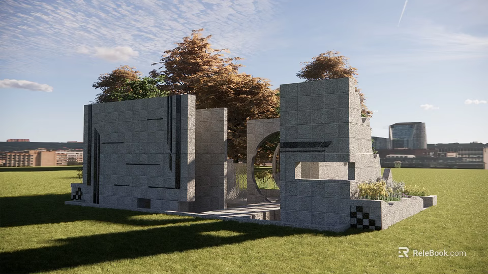 Modern Stone Feature Wall With Geometric Design And Circular Cutout In Grass Lawn 3d model 