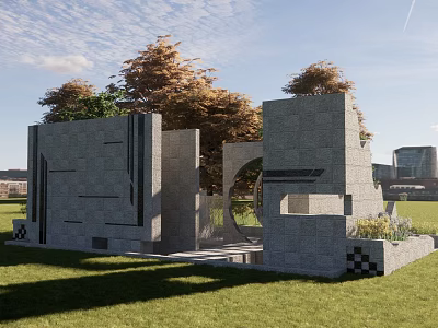 Modern Stone Feature Wall With Geometric Design And Circular Cutout In Grass Lawn 3d model