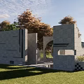Modern Stone Feature Wall With Geometric Design And Circular Cutout In Grass Lawn