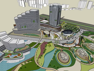 Modern Office Building Complex With Surrounding Green Park And Water Features 3d model