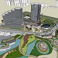 Modern Office Building Complex With Surrounding Green Park And Water Features