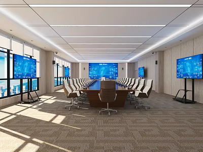 Modern Conference Room Featuring Large Table Multiple Screens White Chairs And Floor To Ceiling Windows 3d model