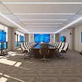 Modern Conference Room Featuring Large Table Multiple Screens White Chairs And Floor To Ceiling Windows
