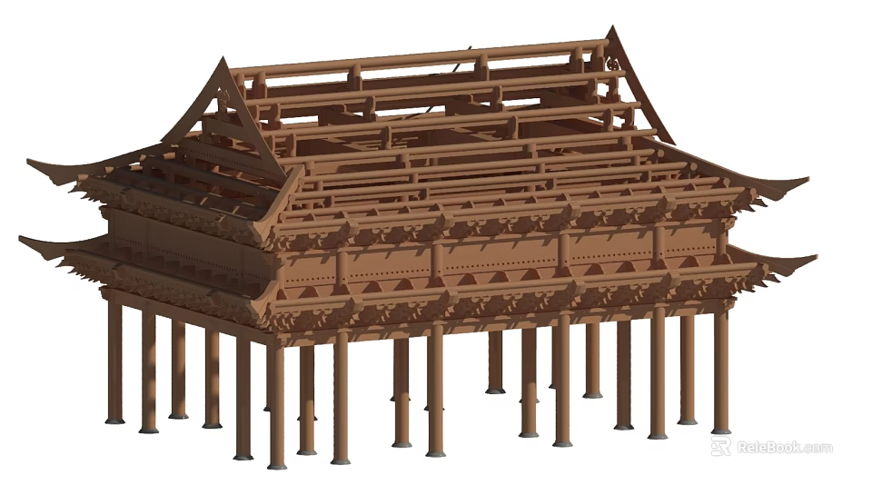 Ancient Architecture Wooden Frame Structure With Overhanging Eaves And Supporting Columns 3d model