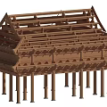 Ancient Architecture Wooden Frame Structure With Overhanging Eaves And Supporting Columns 3d model