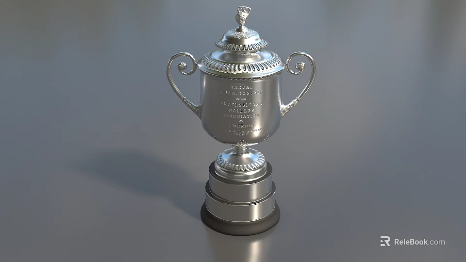 Silver Decorative Two Handled Award Trophy With Top Ornament And Engraved Base On Gray Surface 3d model