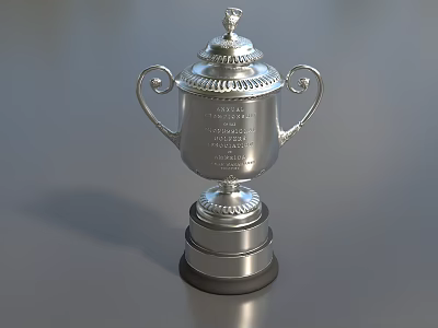 Silver Decorative Two Handled Award Trophy With Top Ornament And Engraved Base On Gray Surface 3d model