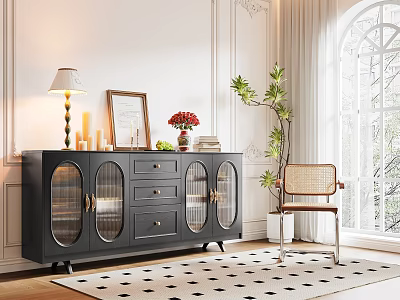 Black Sideboard With Glass Doors And Gold Handles In Elegant Interior With Decorative Items 3d model