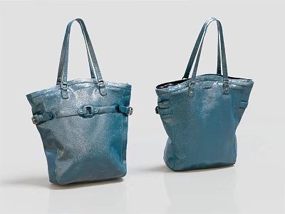 Two Metallic Blue Tote Bags With Shiny Surface And Dual Handles Buckle Straps 3d model