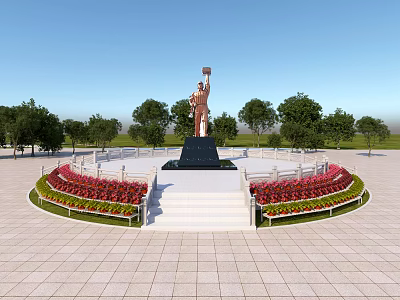 Scenic Park Landscape With Central Statue Circular Plaza Red Flower Beds And Green Plants 3d model