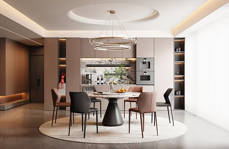Modern Italian Light Luxury Restaurant Dining Table and Chair Combination Round Dining Table and Chair Leather Dining Table and Chair Italian Light Luxury Dining Table and Chair Italian Dining Side Cabinet Round Chandelier Dining Table Ornaments 3d model