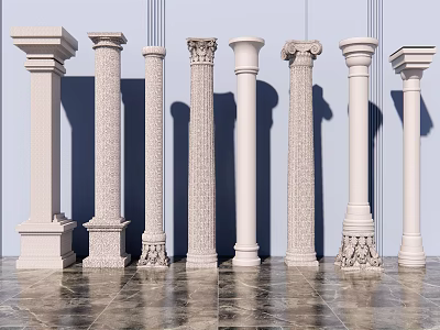 Roman Columns in Various White Stone Styles as Decorative Interior Design Elements 3d model