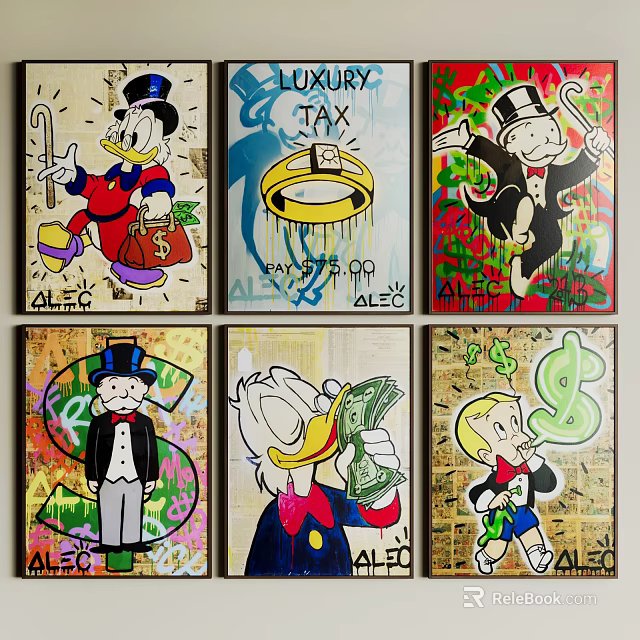 Colorful Animal Paintings With Cartoon Characters Top Hats Canes And Dollar Signs In Graffiti Style 3d model 